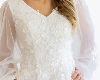 Modest A-line wedding dress with 3-D lace| Iris dress