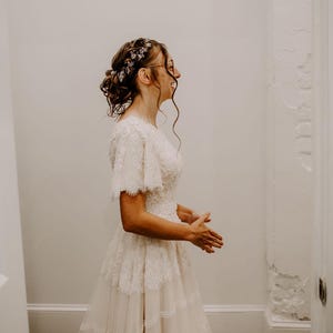 Romantic Modest Lace Wedding Dress for Boho Brides A-Line dress with Flutter Sleeves Whimsical Custom Gown Vintage Wedding Dress image 8