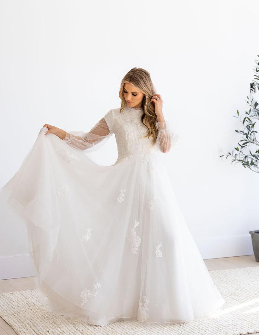 A-Line Modest Wedding Dress with Long Sleeves Whimsical Custom Gown for Modest Brides| Rose A-Line Modest Wedding Dress with Long Sleeves Whimsical Custom Gown for Modest Brides| Rose