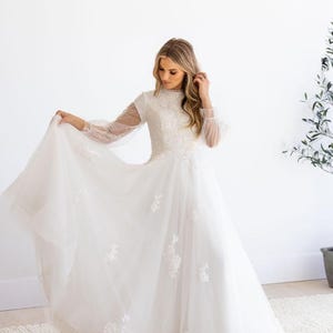 Modest Lace Wedding Dress with Long Sleeves | A-Line Tulle Bridal Gown | High Neck Vintage-Inspired Custom Dress | Rose dress