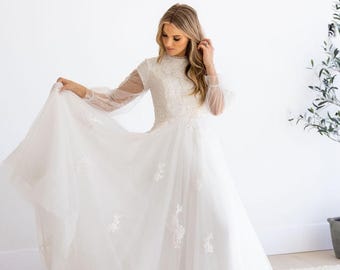Modest  Wedding Dress  A-Line Tulle Bridal Gown with Long Sleeves  Whimsical Wedding Gown Temple Dress Custom Gown for Modest Brides