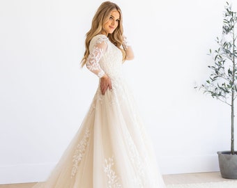 Modest A-line wedding dress with 3-D lace| Hazel dress