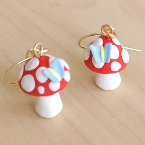 Mushroom Earrings - Cute Toadstool with Butterfly - Made to Order