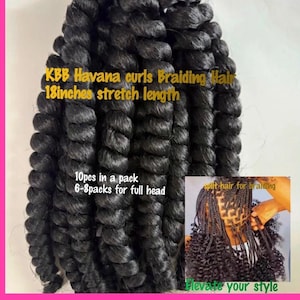 May include: Black KBB Havana curls braiding hair, 18 inches in stretch length. The image shows a bundle of tightly coiled hair, with text indicating 10 pieces per pack, and 6-8 packs needed for a full head. The image also includes a smaller image of braided hair.