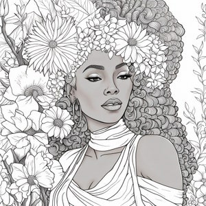 Printable Adult Coloring Pages, Beautiful Black Woman, 4 Grayscale Portraits, 4 Downloadable Illustrations, Printable PDF Files