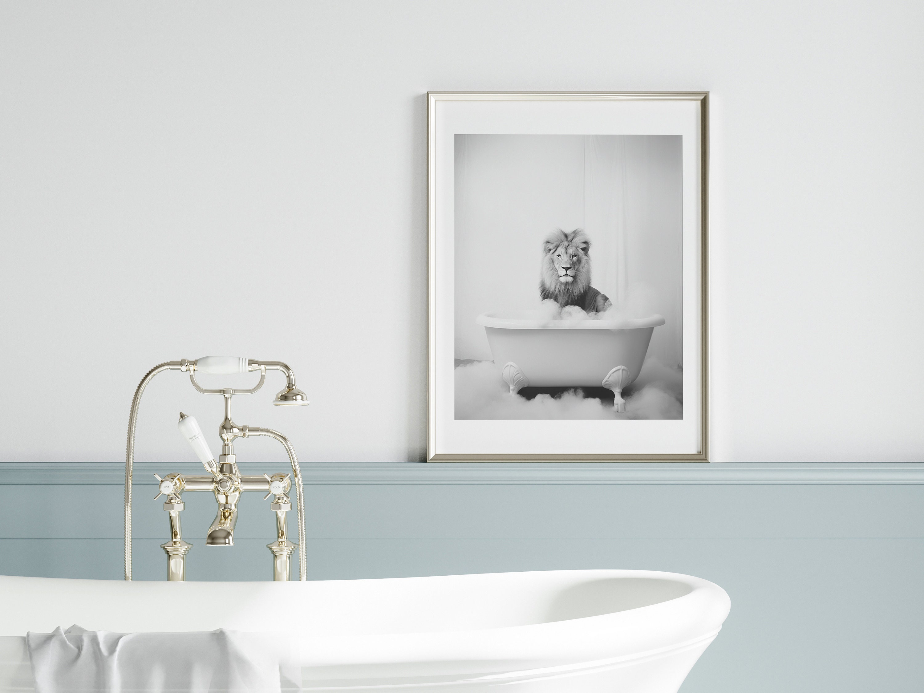 Lion in a Bathtub Print, Sweet Bathroom Print, Kids Bathroom Art