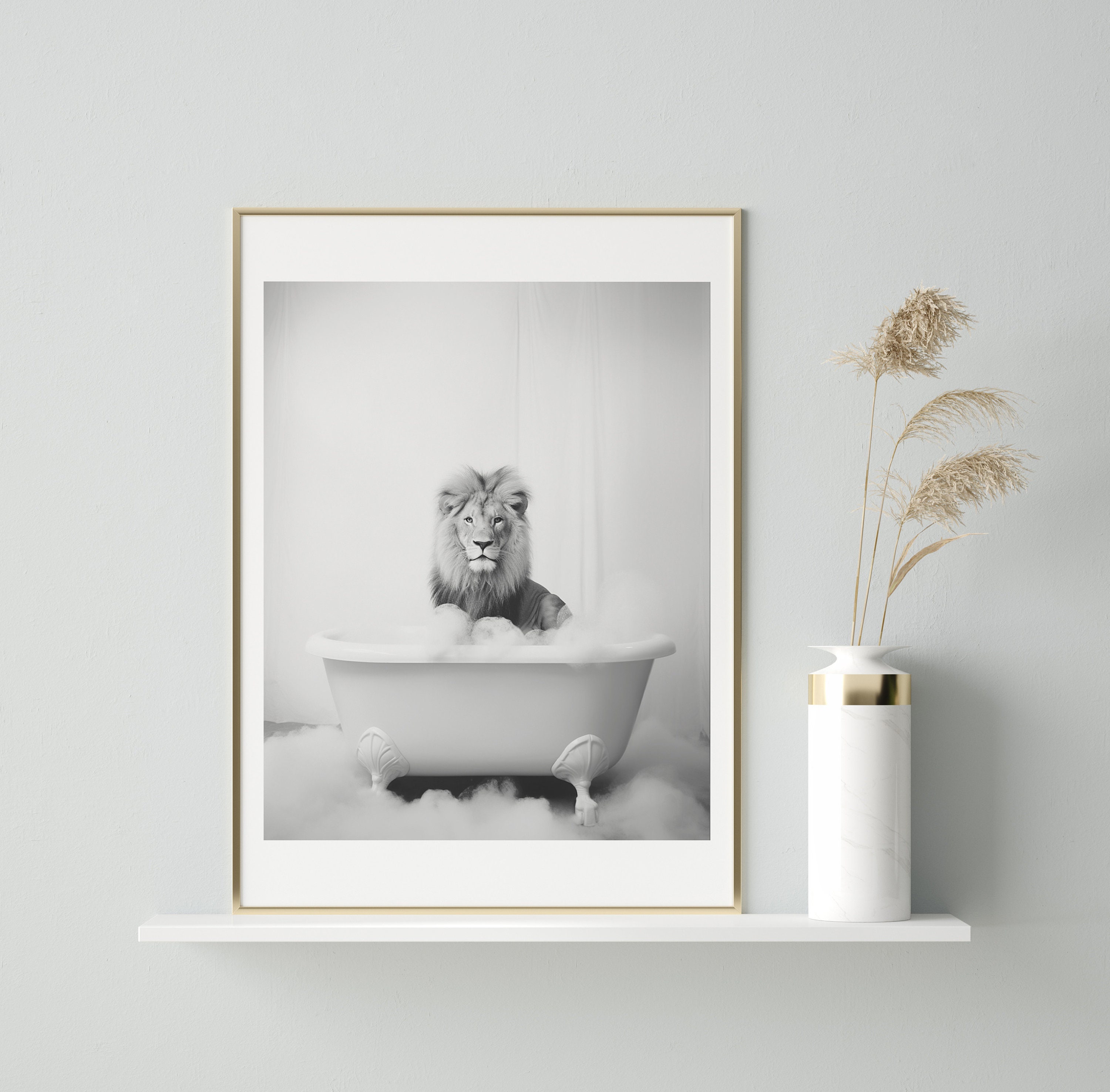 Lion in a Bathtub Print, Sweet Bathroom Print, Kids Bathroom Art