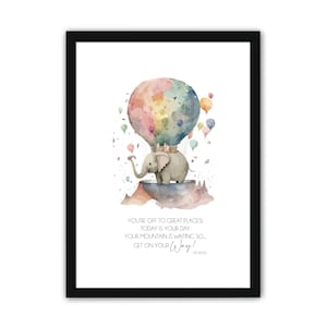 Impressions A3 Dr Seuss, aquarelle, fichier numérique impression murale, éléphant/montgolfière/En route vers de superbes endroits, c&#39;est votre jour aujourd&#39;hui, prenez votre chemin