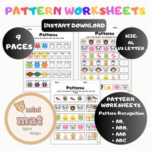 Peut inclure: Feuilles de travail de motifs avec le texte "PATTERN WORKSHEETS" en lettres colorées. Les feuilles de travail présentent des motifs d'animaux pour la reconnaissance des motifs. L'image comprend le texte "INSTANT DOWNLOAD", "9 PAGES" et "SIZE: AL US LETTER".