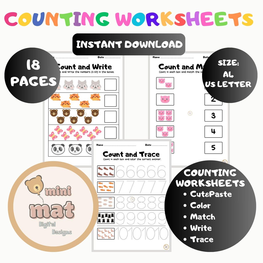Animal Counting Worksheets: Preschool Kindergarten Math Activities (PDF ...
