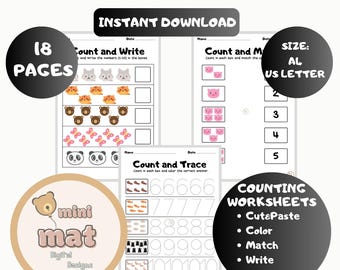 May include: A digital download of counting worksheets with the text "COUNTING WORKSHEETS" in colorful letters. The worksheets include "Count and Write", "Count and Match", and "Count and Trace" activities. The size is AL US Letter, with 18 pages.