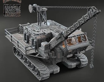 May include: A gray, detailed, 3D printed model of a tracked crane with a long arm and a chain. The crane is labeled "Freight Yard Terrain" and "Modular War Trains".