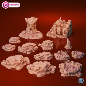 May include: A set of 12 3D printed resin tabletop scenery pieces in a desert theme. The pieces include a tree stump, a rock formation, a spire, and various rocky platforms. The pieces are painted in a light brown color.