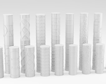 May include: A set of 15 white rolling pins with different embossed patterns. The rolling pins are made of a smooth, white material and are perfect for adding texture to fondant, dough, or clay.