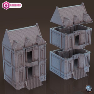 May include: A 3D printed model of a three-story house with a detailed facade, including windows, doors, and a balcony. The house is separated into four pieces: the roof, the top floor, the middle floor, and the bottom floor. The model is printed in a light gray color and is designed for tabletop gaming.