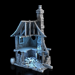 Large Ruined House #1 3D Printed DnD Miniature Terrain for Wargaming Medieval Town Shop 28mm scale Tabletop Gamer Building Model Destroyed