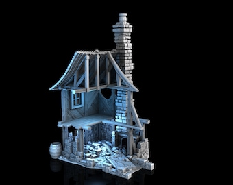 May include: A white, partially destroyed, wooden and stone house model with a chimney. The house is open on one side, revealing the interior, which includes a fireplace, a barrel, and a wooden floor.