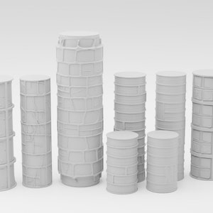 May include: An assortment of cylindrical, off-white structures of different heights. Some have a smooth surface, while others feature textured, grid-like patterns. The objects are arranged on a plain, light background.