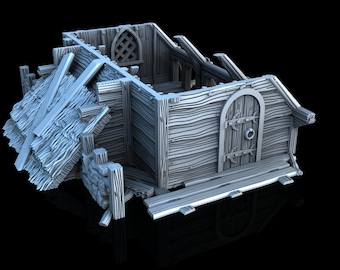 May include: A gray, wooden, miniature model of a dilapidated building with a thatched roof, a door, and a window. The building is in a state of disrepair, with some of the walls and roof missing.