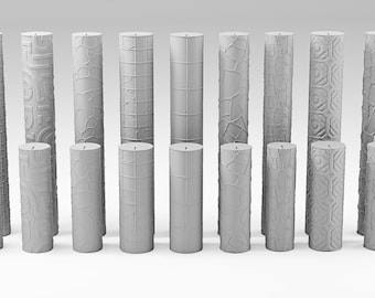 May include: A set of 18 white textured rollers, each with a different pattern. The rollers are arranged in two rows of nine, and they are all the same size and shape.