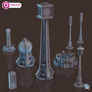 May include: A set of 3D printed miniature buildings for tabletop gaming. The set includes a clock tower, a power station, a street lamp, a power pole, a control panel, and a circular structure. The buildings are all in a futuristic style and are painted in a light gray color.