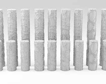 May include: A collection of cylindrical, off-white decorative pillars with various textured patterns. The designs include geometric shapes, cracked textures, and grid-like patterns. The pillars are arranged in rows, showcasing their unique surface details.