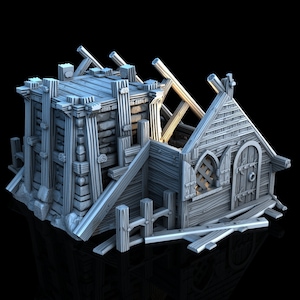 Ruined House 3D Printed DnD Miniature Terrain for Wargaming Medieval Town Shop 28mm scale Tabletop Gamer Building Model Railway Destroyed