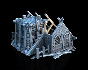 May include: A weathered, gray wooden building with a partially collapsed roof. The building has a small door and window, and is surrounded by debris.