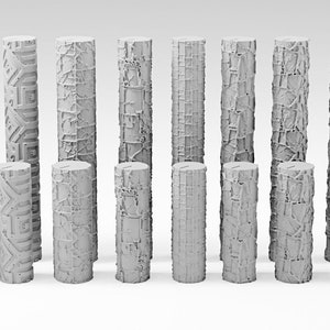 May include: A set of 18 grey, textured, cylindrical columns. The columns have different patterns and textures, including wood grain, geometric designs, and abstract patterns.