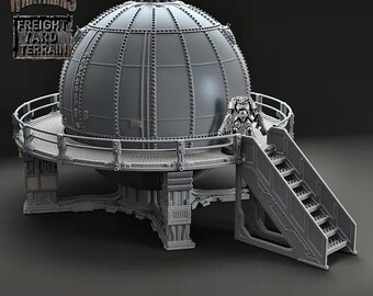May include: A 3D printed model of a futuristic, dome-shaped structure with a platform and stairs. The structure is made of metal and has a gray finish. The platform is surrounded by a railing and there is a figure standing on the platform. The text "3D Printable Modular War Trains Freight Yard Terrain" is visible in the background.
