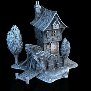 House on Broken Bridge 3D Printed DnD Miniature Terrain for Wargaming Medieval Town Shop 28mm scale Tabletop Gamer Building Model Railway