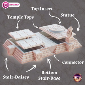 May include: A 3D printed temple set for tabletop games. The set includes a base, stairs, temple tops, a top insert, and a statue. The set is made of a light pink plastic.