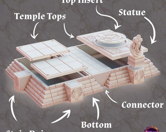 May include: A 3D printed temple set for tabletop games. The set includes a base, stairs, temple tops, a top insert, and a statue. The set is made of a light pink plastic.