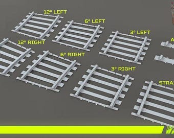 May include: A set of modular train track pieces in various sizes and angles, including 12-inch, 6-inch, and 3-inch left and right curves, as well as straight track pieces. The track pieces are made of a light gray plastic and are designed for use with model trains.