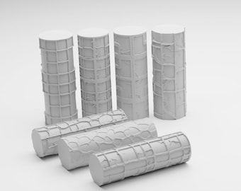 May include: Five gray textured rollers for creating different patterns on walls or other surfaces. The rollers are arranged in a row, with three standing upright and two lying down.