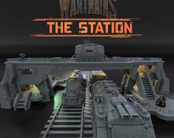 May include: A 3D printed model of a train station with two trains, one a locomotive and the other a cargo train. The station is made of gray plastic and has a metal roof. The trains are also made of gray plastic and have detailed features. The text "3D Printable Modular War Trains The Station" is displayed at the top of the image.