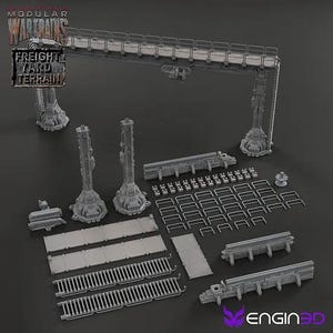 May include: A 3D printed model kit for a modular freight yard terrain set. The kit includes a bridge, supports, fences, and other details. The kit is designed for use with wargames and model railroading.