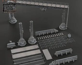 May include: A 3D printed model kit for a modular freight yard terrain set. The kit includes a bridge, supports, fences, and other details. The kit is designed for use with wargames and model railroading.