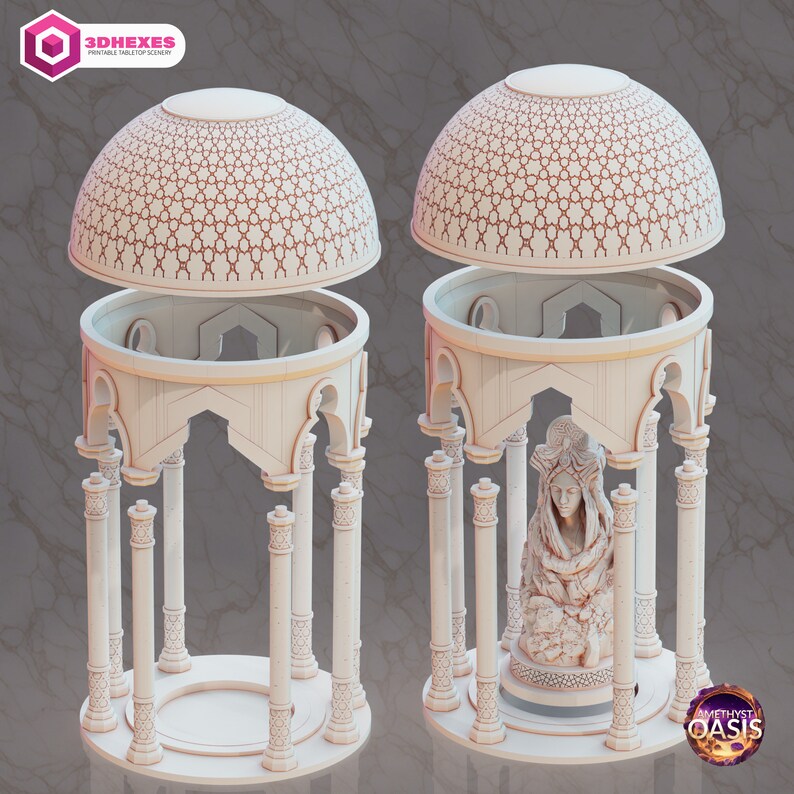 Pyramids & Shrines of Echoes and Amethyst of Oasis 3D Print Egyptian Dessert Themed DnD Miniature Terrain for Wargaming Stargate 3DHexes Goddess Shrine