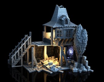 May include: A gray, weathered, wooden building with a pointed roof and a small window. The building is partially collapsed and has a wooden staircase leading up to it. There is a small tree growing next to the building.