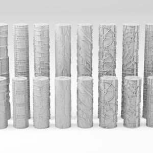 Peut inclure: Un ensemble de 18 rouleaux texturés blancs, chacun avec un motif différent. Les rouleaux sont disposés en trois rangées de six.