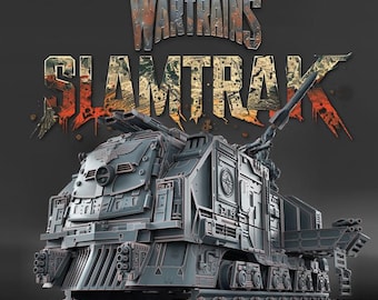 May include: A 3D printable model of a modular war train called "Slamtrak". The train is a futuristic, heavily armored vehicle with multiple cannons and a large, imposing design. The model is designed for 3D printing and is available for purchase.
