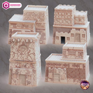 May include: Four detailed, beige, 3D printed miniature buildings with intricate designs. The buildings are part of a tabletop scenery set called "Amethyst Oasis".