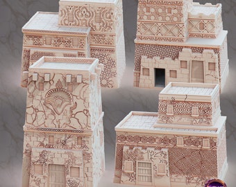 May include: Four detailed, beige, 3D printed miniature buildings with intricate designs. The buildings are part of a tabletop scenery set called "Amethyst Oasis".