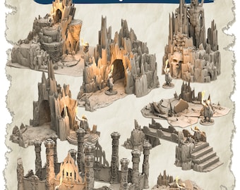 May include: A set of 10 miniature terrain pieces for tabletop gaming, featuring a frosty, icy theme. The pieces are made of a light gray plastic and include a variety of structures, such as a bridge, a tower, and a cave entrance. The set also includes a few smaller pieces, such as a broken wall and a pile of rubble. The pieces are designed to be used with miniature wargames, such as Dungeons & Dragons or Warhammer.