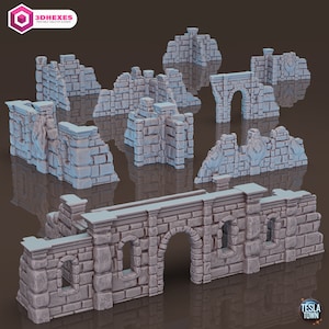 May include: A set of 3D printed stone wall ruins for tabletop gaming. The set includes various wall sections, arches, and broken pieces, all in a light gray color. The pieces are designed to be used as scenery for fantasy or medieval games.