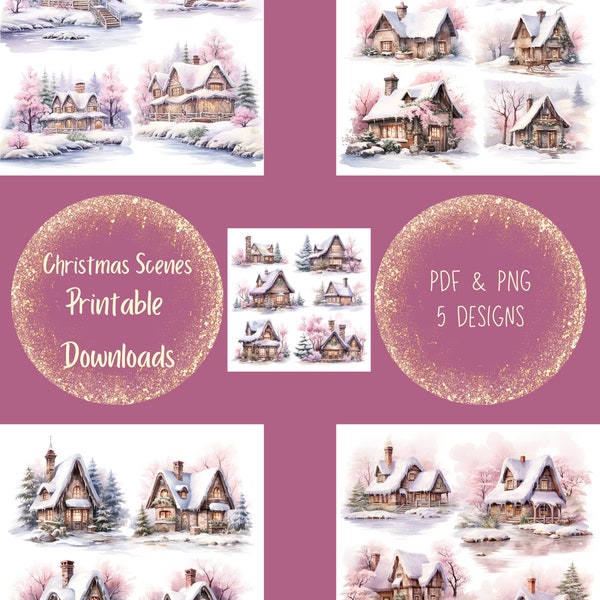 Beautiful Pink Christmas Scene Digital Download for Scrapbooking, Mod Podge, Ephemera, Crafting, Cut outs and other crafting projects