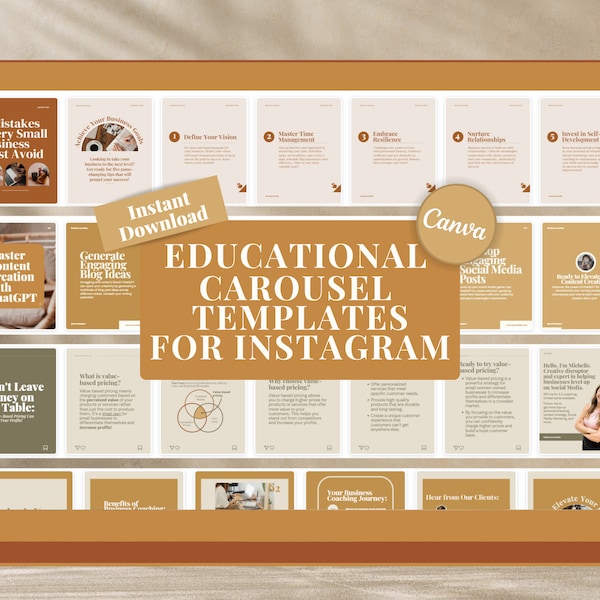 50 modèles de carrousel Instagram pour Canva, parfaits pour le coaching en ligne, les créateurs de cours, les enseignants et les petites entreprises. Modèle de toile