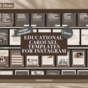 Può includere: Uno schermo di laptop che mostra una raccolta di modelli di carosello Instagram in uno schema di colori marrone scuro e beige. I modelli presentano testo e immagini relative a temi aziendali e di marketing. Il testo sullo schermo recita "Modelli di carosello educativi per Instagram".