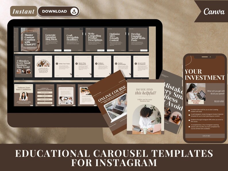 Instagram Carousel Templates: Dark Brown Canva Layouts (digital ...